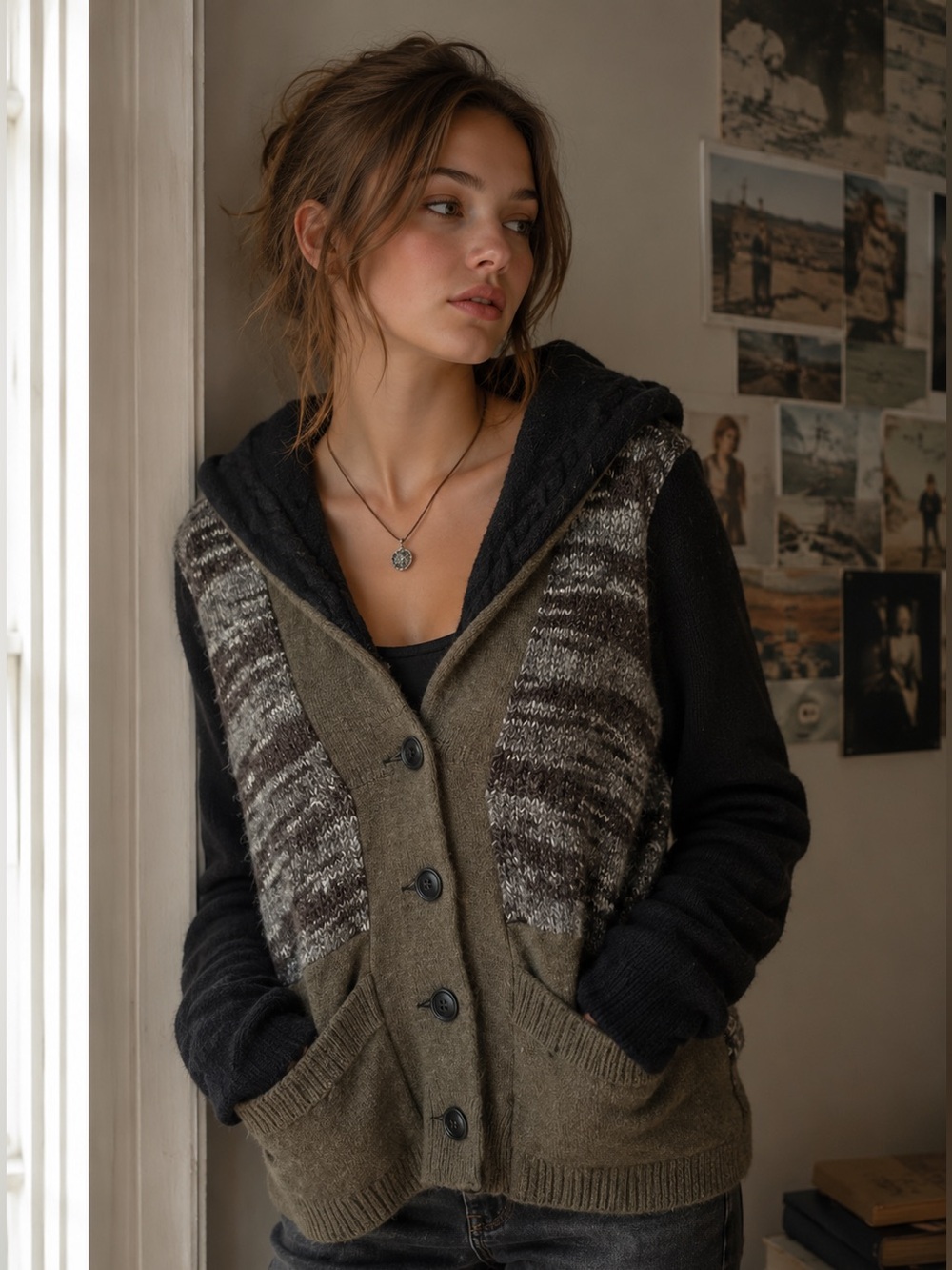 Screen Worn Tell Me Lies Preloved Wool Cardigan Jacket L Olive Green Cable Knit